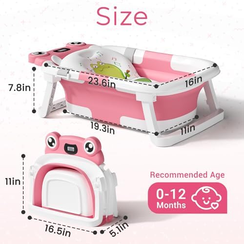 BUNWAG Baby Bathtub, Collapsible Newborn Bathtub for Infant to Toddler with Soft Cushion and Thermometer, Travel Newborn Tub with No-Slip Feet, Baby Shower Gifts, 0-12 Months Baby Bath, Rose Pink - Image 3