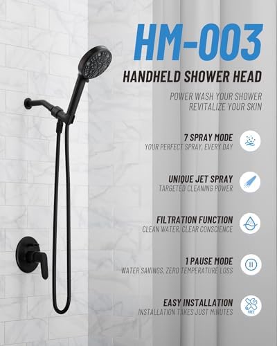 Filtered Handheld Shower Head for Hard Water, High Pressure Showerhead with 7 Spray Modes, Power Jet & Pause, Detachable & Adjustable for Healthier Skin & Hair - Matte Black (VMASSTONE HM-003) - Image 2