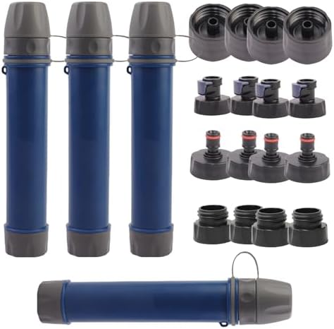 4 Pack Survival Water Filter Straw for Hiking & Camping, 2025 Personal Portable Water Purifier, 3000L Long Life, Includes Bottle & Hydration Bladder Adapters (4, Dark Blue, 3x3x19.3cm) by Unknown