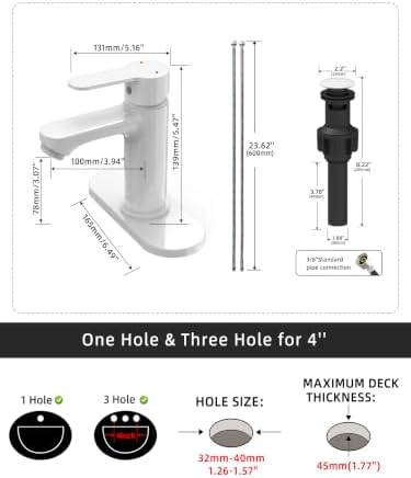 BELZ White Bathroom Faucet, Lead-Free for 1 or 3 Hole 4" Vanity Sink - Image 2