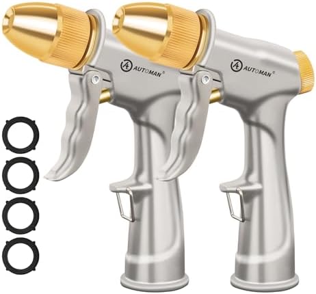 AUTOMAN Garden Hose Nozzle Sprayer, 2 Pack High Pressure Spray Nozzle, 100% Metal Water Hose Nozzle, 4 Patterns Watering Nozzle, Heavy Duty Garden Nozzle for Watering Plants & Lawns, Washing Cars by AUTOMAN
