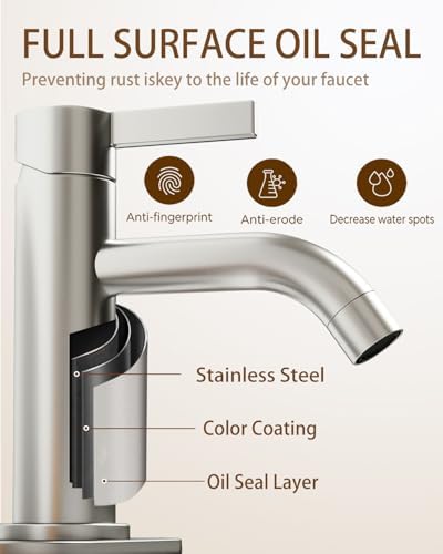 Fransiton Brushed Nickel Bathroom Faucet Single Hole with Pop-Up Bathroom Drain and Flexible Hoses Single Handle Bathroom Sink Faucet w/Deck Plate(1 or 3 Hole) for Vanity Sinks, RV, Farmhouse - Image 4