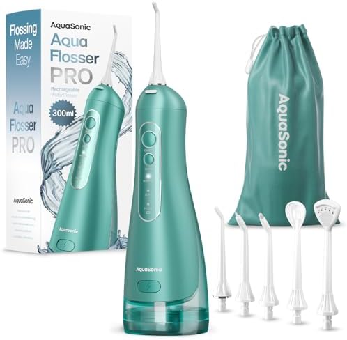 AquaSonic Aqua Flosser PRO - Rechargeable Electric Cordless Water Flosser for Teeth, Gums & Tongue - Waterproof Modern Design, 300ml Large Tank, 3 Modes, 6 Jet Tips, Deluxe Tongue Nozzle - Green by AquaSonic