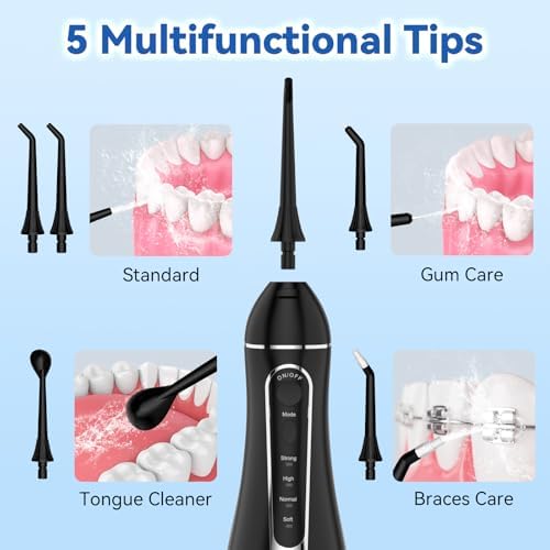 Cordless Portable Water Flosser with 300ML Tank: Rechargeable Oral Irrigator with 5 Tips for Travel, Braces Care and Sensitive Gums, IPX7 Waterproof Teeth Cleaning Device(Black) - Image 4