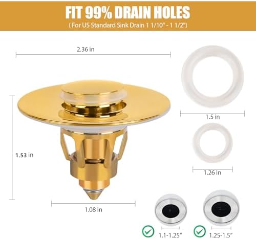 Three colors Bathroom Sink Stopper, 1.1-1.5" Bathroom Sink Drain Strainer, Universal WashBasin Pop Up Drain Stopper, Bounce Core Push Type Sink Plug, Anti-Clogging, Stainless Steel (Gold,1PCS) - Image 4