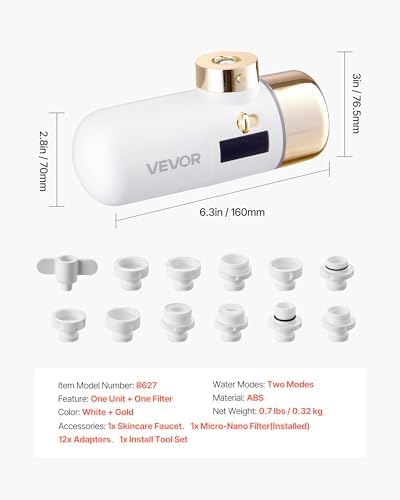VEVOR Skincare Water Filter, Faucet Mount Water Filters with Micro-Nano Bubble for Skin, Sink Tap Purifier, Removes Chlorine with 1 Filter, for Kitchen and Bathroom Faucets, White + Gold - Image 7
