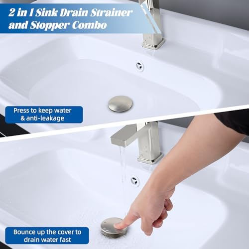 Hibbent 2 Pack All Metal Upgraded Bathroom Sink Stopper, Universal Pop Up Sink Drain Strainer, Brass Bullet Core Push Type Stopper for 1.1''~2.3''' Basin, Anti Clogging Drain Filter, Brushed Nickel - Image 3