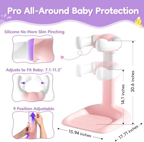 Upgraded Baby Shower Stand with Anti-Pinch Silicone & Anti-Slip Base, Adjustable Height Soporte para Bañera de Bebé, Baby Bath Standing Support Assist Holder for 6-36 Months Toddler, Ideal Gift, Pink - Image 3