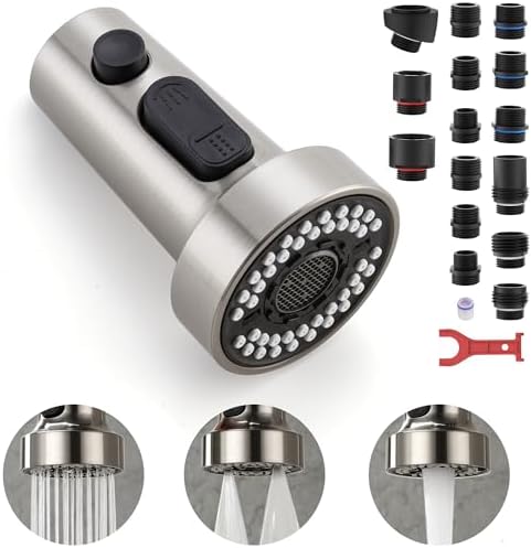TIORIY Pull Down Spray Head Replacement - for Kitchen Faucet Sprayer Head with 15 Adapters, 3 Function Pull Out Faucet Spray Nozzle, Brushed Nickel by TIORIY