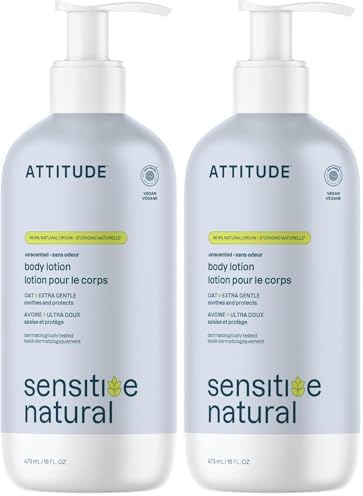 ATTITUDE Body Lotion for Sensitive Skin with Oat,EWG Verified,Dermatologically Tested,Vegan,Extra Gentle,Unscented,16 Fl Oz,(Pack of 2) by ATTITUDE
