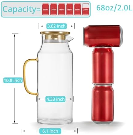 Bivvclaz 2 Pack 2 Liter 68 oz 2.1 Qt Gold Glass Pitcher with Lid and Handle, Water Pitcher for Fridge, Glass Carafe for Hot/Cold Water, Large Iced Tea Jug for Coffee, Juice and Homemade Beverage - Image 2