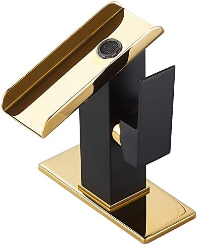 Bathroom Sink Faucet Black Gold 1 Hole Single Handle Waterfall Open Spout Bath Faucets Brass Sinks Lavatory Bath Vanity Faucets Basin Mixer Tap Supply Line Golden Hole Cover Plate by Chiczam