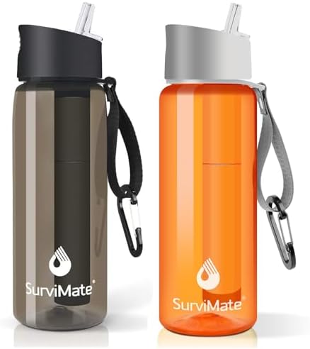 SurviMate Purified Water Bottle for Camping, Hiking, Backpacking and Travel, BPA Free with 5-Stage Intergrated Filter Straw by SurviMate