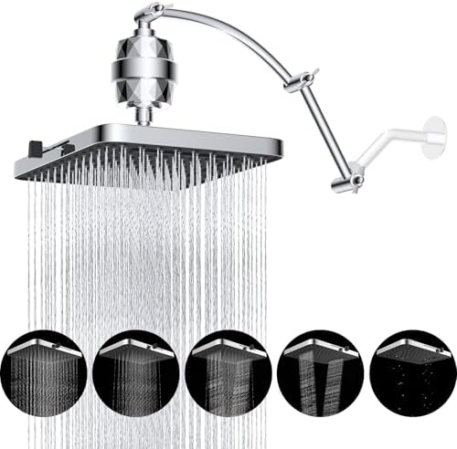 Hibbent Rain Filtered Shower Head, 13'' High Pressure Rainfall 5 Modes Showerhead with 16" Shower Head Extension Arm, Solid Brass Adjustable Shower Arm Extender, 20 Stage Shower Filter, Chrome by Hibbent