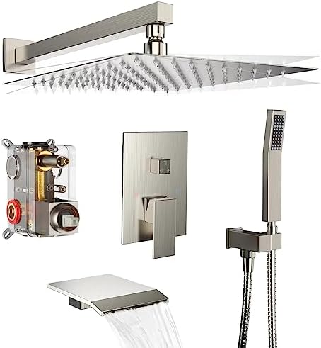 Brushed Nickel Shower System Rain Faucet Set with Tub Spout,10 inch by Dlvsoby