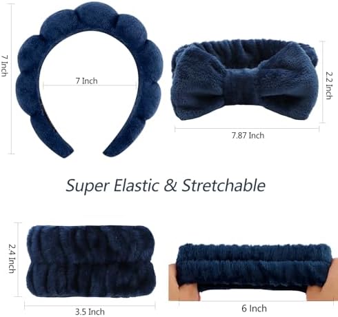 VELSCRUN Spa Headband, Makeup Face Wash Skincare Headbands, 6 Pcs Dark Blue Sponge Bow Tie Get Ready HairBand Facial Wristband Set, Stuff for Teen Girls Women Trendy Fashion Hair Accessories - Image 6