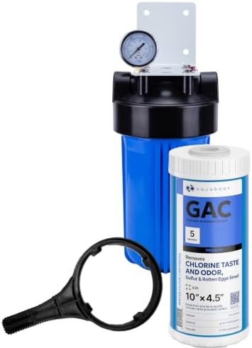Aquaboon Whole House Water Filter System for Well Water with 5 Micron 10x4.5 Ganular Activated Carbon (GAC) Chlorine Reduction Cartrige | NSF Certified, Pressure Gauges & Releas, Wrench, Bracket 1"NPT by Aquaboon