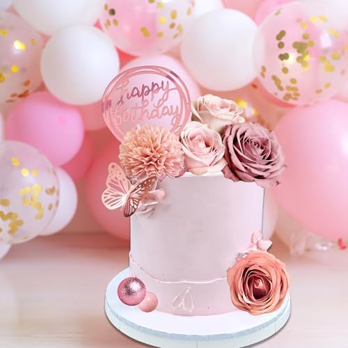 Flower Cake Toppers, Happy Birthday Rose Gold Cake Decorations with Artificial Flowers Butterfly Balls for Wedding Baby Shower Birthday Party Supplies - Image 6