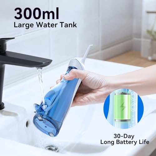 Cordless Portable Water Flosser with 300ML Tank: Rechargeable Oral Irrigator with 5 Tips for Travel, Braces Care and Sensitive Gums, IPX7 Waterproof Teeth Cleaning Device(Blue - Image 4