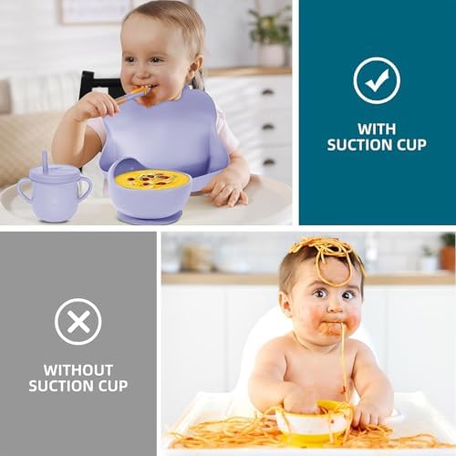 100% Silicone Baby Feeding Set,BPA Free Baby Dishes Set with Suction Bowl Divided Plate,Toddler Self Feeding Dish Set with Spoons Forks Sippy Cup and Bib, Baby Eating Utensils(Purple) - Image 5
