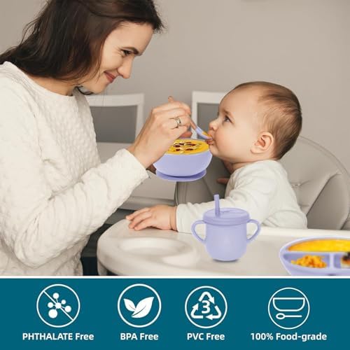 100% Silicone Baby Feeding Set,BPA Free Baby Dishes Set with Suction Bowl Divided Plate,Toddler Self Feeding Dish Set with Spoons Forks Sippy Cup and Bib, Baby Eating Utensils(Purple) - Image 4