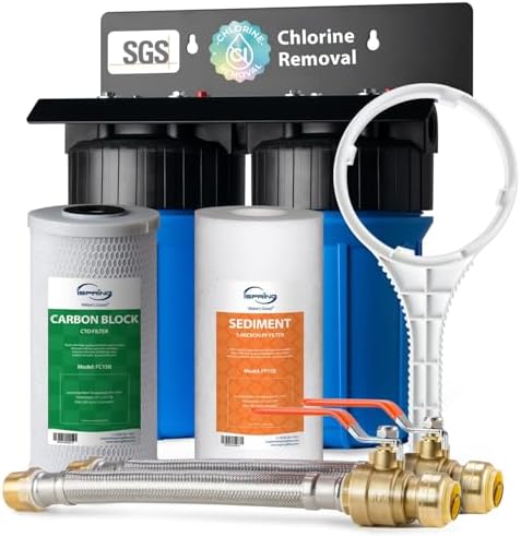 iSpring WGB21B+AH12MN16X2 2-Stage Whole House Water Filter System, Reduces Chlorine, Sediment Water Filtration System for Home with 3/4'' Braided Stainless Steel Hose Connectors and Ball Valve by iSpring