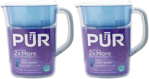 PUR 7-Cup Water Filter Pitcher, Cleaner, Great-Tasting Water, Dishwasher Safe, Powerful, Faster Filtration, LockFit Cap Design - White (Pack of 2) by PUR