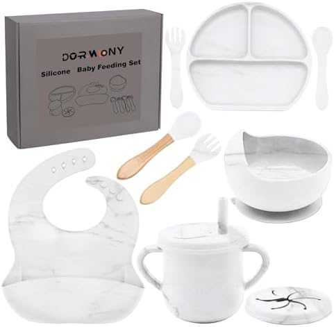 9pc BPA Free Silicone Baby Feeding Set - White: Suction Bowl, Divided Plate, Sippy Cup, Bib, Spoons, Forks - Baby Eating Utensils by Dormlony