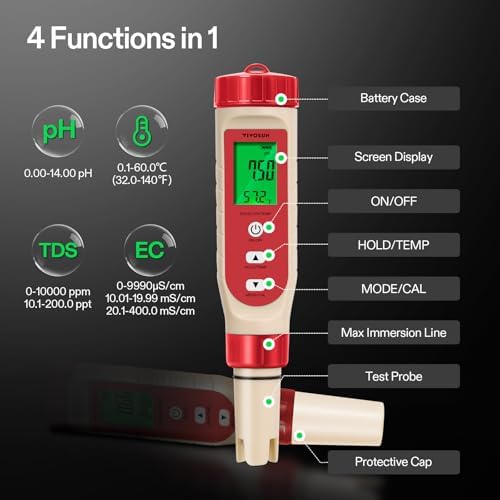 VIVOSUN 4-in-1 Digital pH Meter with pH/TDS/EC/Temp Function, 0-14.0 pH Measurement Range, ±0.1 pH Accuracy Water Quality Tester for Hydroponics, Household Drinking, and Aquarium - Image 5