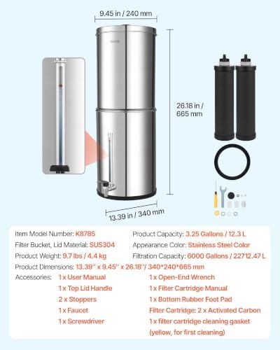 VEVOR Gravity-fed Water Filter System, 3.25G 304 Stainless-Steel Countertop Water Filtration System, Reduces Lead and up to 99% of Chlorine, with 2 Carbon Filters, Water Level Spigot, for Home Camping - Image 7
