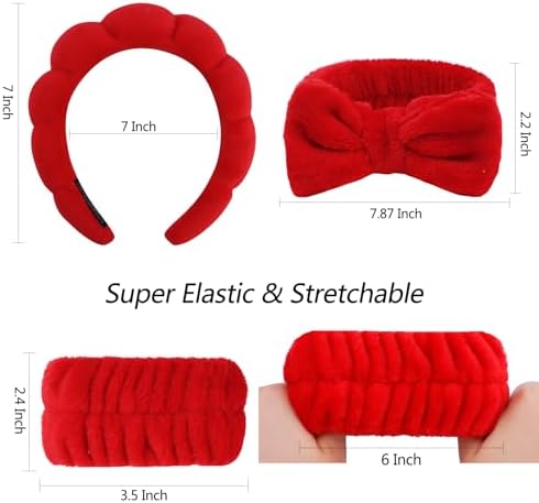 Velscrun 6 Pack Spa Headband, Makeup Headband, Face Wash Headbands, Skincare Headbands, Red Sponge Hair Band Bow Tie Spa Head Band for Washing Face Wristband Set Hair Accessories for Women Girls Gifts - Image 6