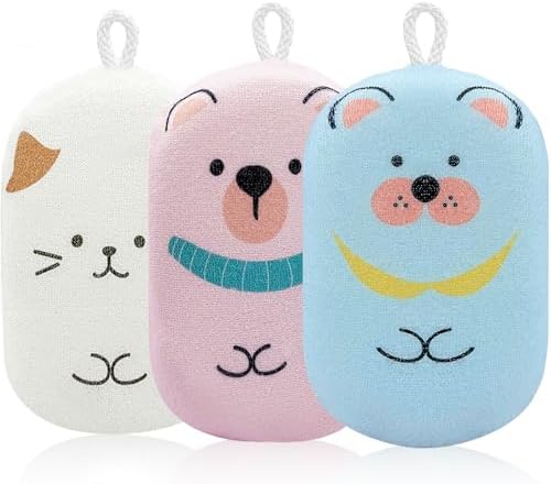Baby and Kids Bath Loofah Sponge, Soft and Absorbent Toddler Exfoliating Body Scrubber Shower Loofa Sponge,Cute Pattern Design for Kids Baby Women Boys and Girl, 3 Pack (Bear/Dog/Cat) by Unknown