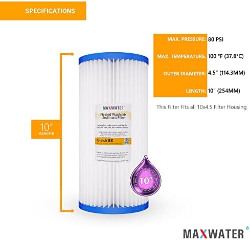 Max Water 10 Micron 10 x 4.5 Pleated Sediment Water Filter, Washable Replacement Cartridge for 10" BB Whole House Systems Compatible with R50-BBSA, FXHSC, WFHDC3001, W50PEHD, GXWH40L (4 Pack) - Image 2