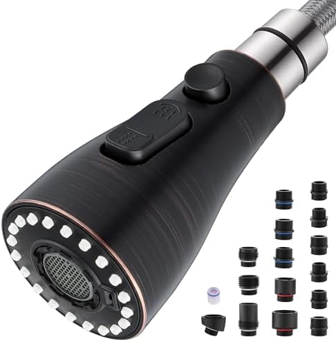 J-HVA Metal Kitchen Faucet Head Replacement – 3 Mode High-Pressure Sink Sprayer Replacement with 15 Nozzle Adapters, Durable Pull Down Spray Head for Kitchen Sink, Oil Rubbed Bronze, Stainless Steel by J-HVA