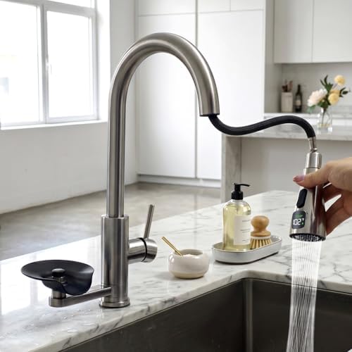 Kitchen Sink Faucet Sprayer Head Replacement, LED Temperature Sensitive Display Pull Down Pull Out Faucet Nozzle (Brushed Nickel) - Image 5