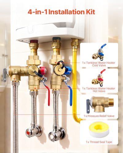 VEVOR Water Heater Kit, 3/4 Inch Tankless Water Heater Service Valve Kit with 2PCS 3/4″ NPT to 3/4″ NPT Isolation Valves, Pressure Relief Valve, Lead-Free Brass, Fits Most Tankless Waters Heaters - Image 2