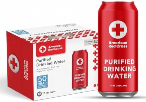American Red Cross Licensed Emergency Canned Water by Aqua Emergency – 16 fl oz, 50-Year Shelf Life, Hermetically Sealed Aluminum Cans, BPA-Free, Purified Water by Reverse Osmosis, 2.5–5 Day Supply Per Person, Emergency & Everyday Preparedness, Pack of 12 by AquaEmergency