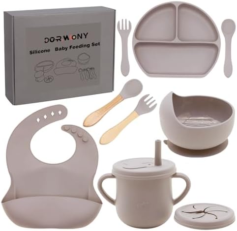 100% Silicone Baby Feeding Set, BPA Free, 9 Pcs: Suction Bowl, Divided Plate, Toddler Self Feeding Dish Set with Spoons, Forks, Sippy Cup, Bib, Beige by Dormlony