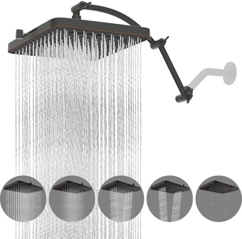 Hibbent Rain Shower Head, 13'' High Pressure Rainfall 5 Spray Mode Showerhead with 16" Shower Head Extension Arm, Brass Adjustable Shower Arm Extender, Waterfall fixed Showerheads, Oil Rubbed Bronze by Hibbent