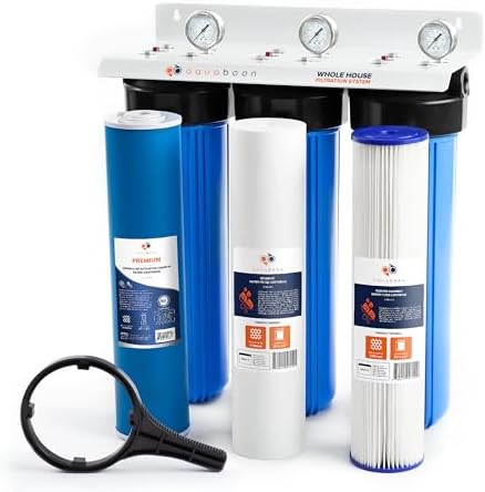 Aquaboon 3 Stage Whole House Water Filter System for Well Water with 20x4.5 Water Filters Cartridges, Wrench, Bracket, Pressure Gauges & Release by Aquaboon