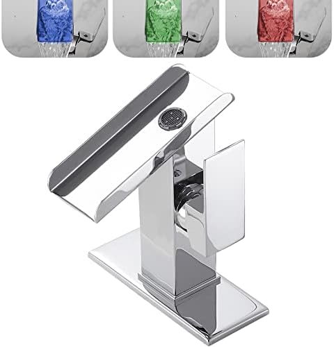 Chrome Bathroom Sink Faucet One Hole LED Waterfall Spout RGB 3 Colors Light Changing Lavatory Vanity Faucets Brass Single Handle Modern Washbasin Bath Tap Include Plates to Cover Holes Residential by Chiczam