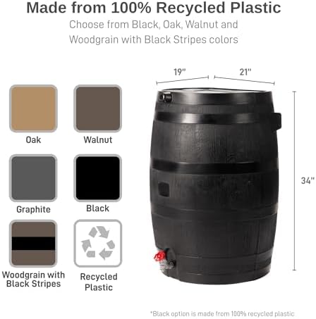 RTS Home Accents 50-Gallon ECO Rain Barrel Made with 100% Recycled Plastic, Flat Back Rain Water Collection Barrel, Black - Image 3