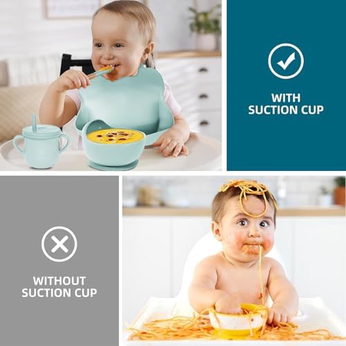 100% Silicone Baby Feeding Set,BPA Free Baby Dishes Set with Suction Bowl Divided Plate,Toddler Self Feeding Dish Set with Spoons Forks Sippy Cup and Bib, Baby Eating Utensils(Light Blue) - Image 5