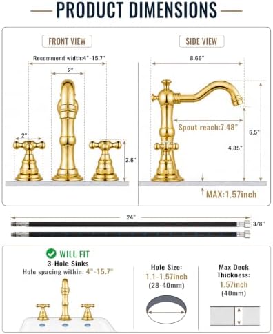 gotonovo Bathroom Faucet 3 Hole Vintage, Polish Gold, Hot Cold Label - Image 6