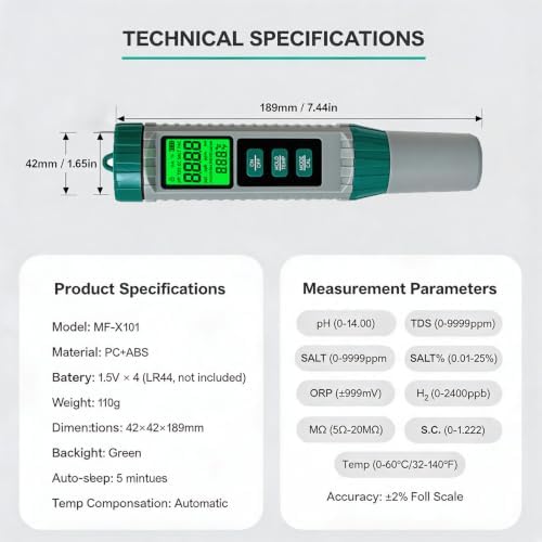 10 in 1 Water Quality Tester, Digital pH TDS EC Salinity ORP S.G Hydrogen Resistivity Fertility Temp Meter with Backlit LCD & Auto Temperature Compensation for Pool, Hydroponics, Drinking Water - Image 4