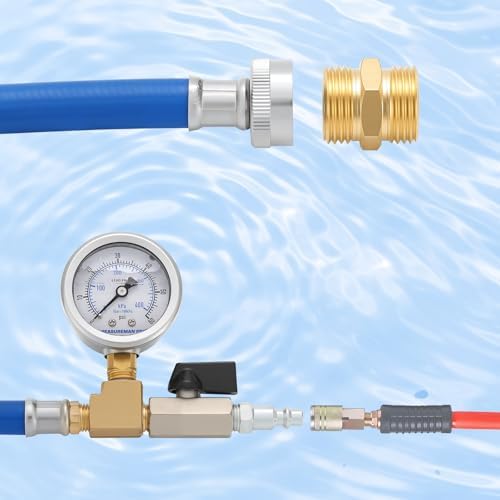 MEASUREMAN Garden Hose Blowout Kit, 0–60 PSI Pressure Gauge, 3/4 Inch GHT, 1/4 Inch Quick Connect Blowout Plug with Shut Off Valve for Outdoor Faucet & Sprinkler Systems (60-Inch Blue Rubber) - Image 4