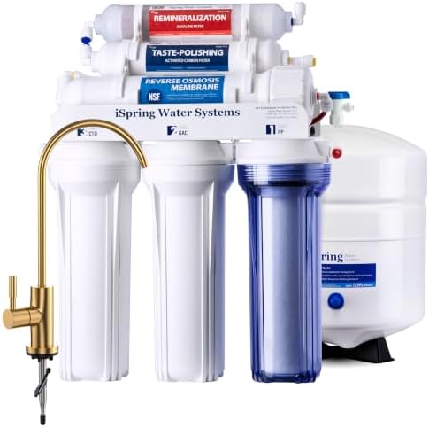 iSpring RCC7AK-GLD, 75 GPD Alkaline Under Sink 6-Stage Reverse Osmosis Water Filter with Brushed Gold RO Faucet, pH+ RO System, Patented Top-Mounted Faucet Design for Easy Installation by iSpring