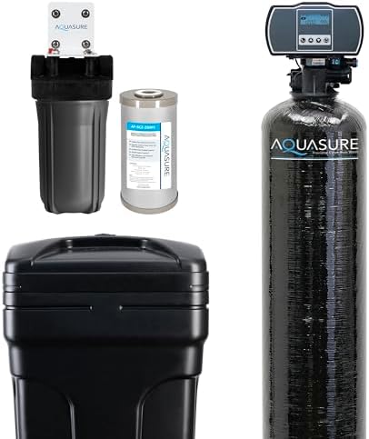 Aquasure Harmony Series 72,000 Grains Whole House Water Softener Bundle with Automatic Digital Control Head and Triple Purpose Sediment/Carbon/Zinc Filter System | Reduces Hardness (for 6+ bathrooms) by Aquasure
