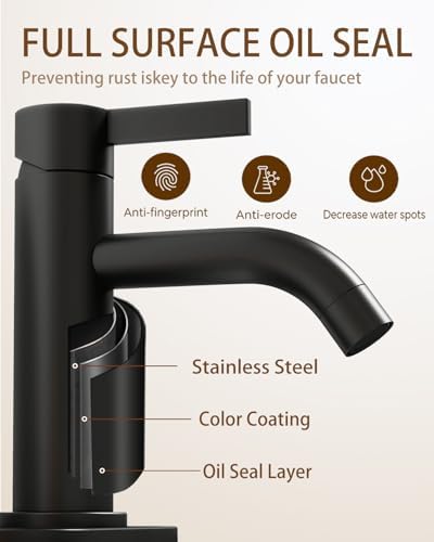 Fransiton Matte Black Bathroom Faucet Single Hole with Pop-Up Bathroom Drain and Flexible Hoses Single Handle Bathroom Sink Faucet w/Deck Plate(1 or 3 Hole) for Vanity Sinks, RV, Farmhouse - Image 5