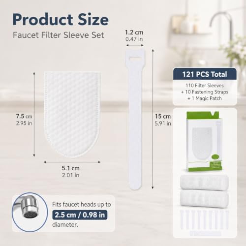 110 PCS Faucet Filter Bag,Faucet Filter Cotton Bag Set with 10 Fastening Bands and 1 Magic Sticker Strip, Easy Install Tap Water Filtration Accessories for Kitchen Bathroom Sink - Image 2